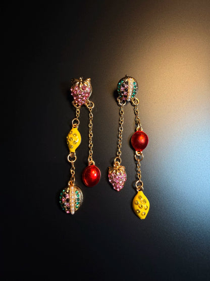 YYBB Jewelry Vintage Mismatched Fruit Tassel Drop Earrings with Rhinestones, Pearls and Enamel Charms, Playful Boho Statement Style