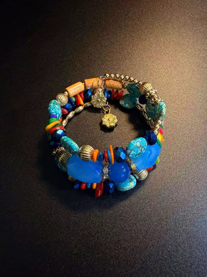 Vintage Style Chunky Blue Faceted Bead Bracelet - Boho Multi-Layer Stacked Bangle
