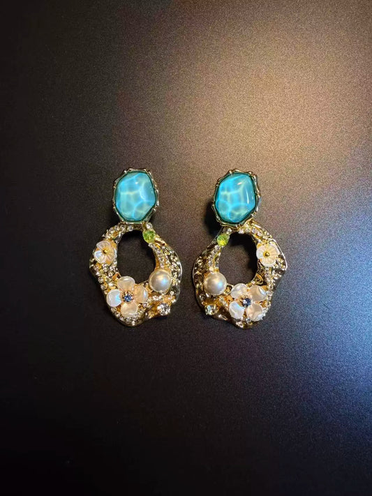 Geometric Flower Pearl Stud Earrings - Handmade Vintage Style Jewelry