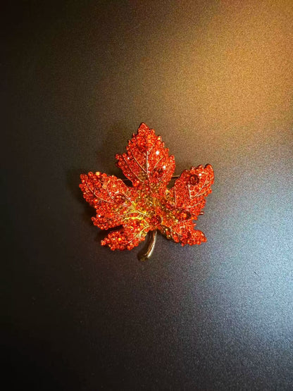 Vintage Style Sparkling Red Maple Leaf Brooch - Rhinestone Autumn Pin