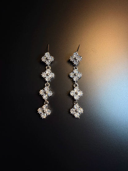 YYBB Jewelry Vintage Clover Drop Earrings Silver Tone Crystal Pave Long Dangle Bridal Statement Jewelry