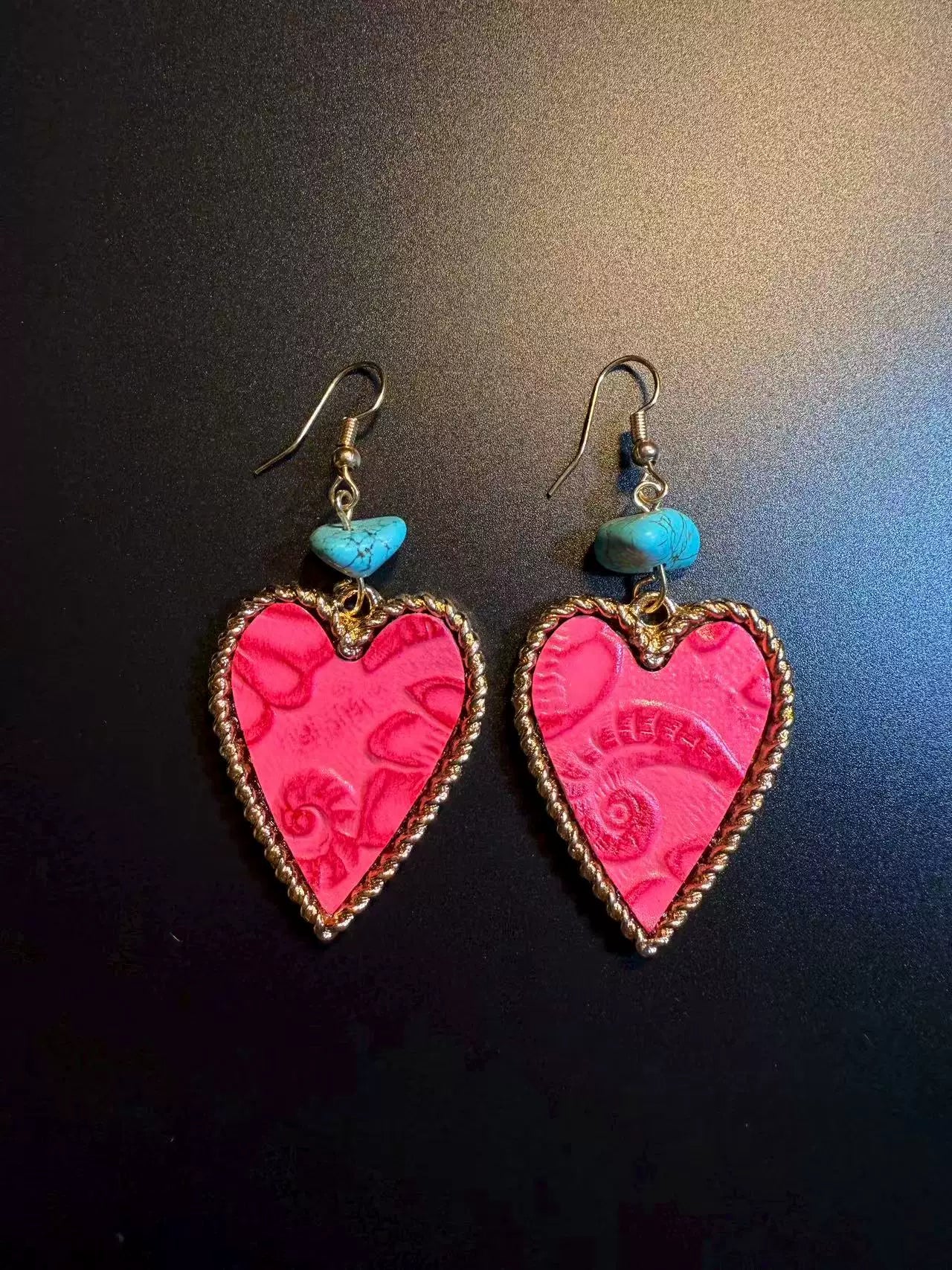 Vintage Style Hot Pink Heart Earrings - Boho Turquoise And Gold Drop Jewelry