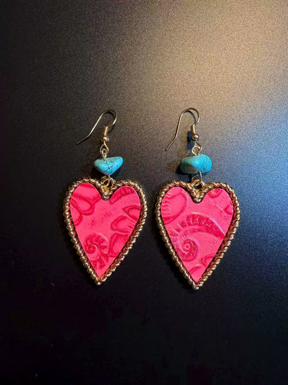 Vintage Style Hot Pink Heart Earrings - Boho Turquoise And Gold Drop Jewelry
