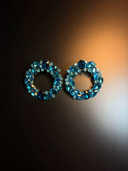 YYBB Jewelry Vintage Blue Crystal Wreath Statement Stud Earrings Rhinestone Halo Design with Mid-Century Glamour