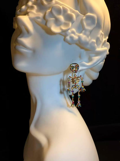 Articulated Rainbow Crystal Skeleton Earrings - Funky Gothic Statement Earrings