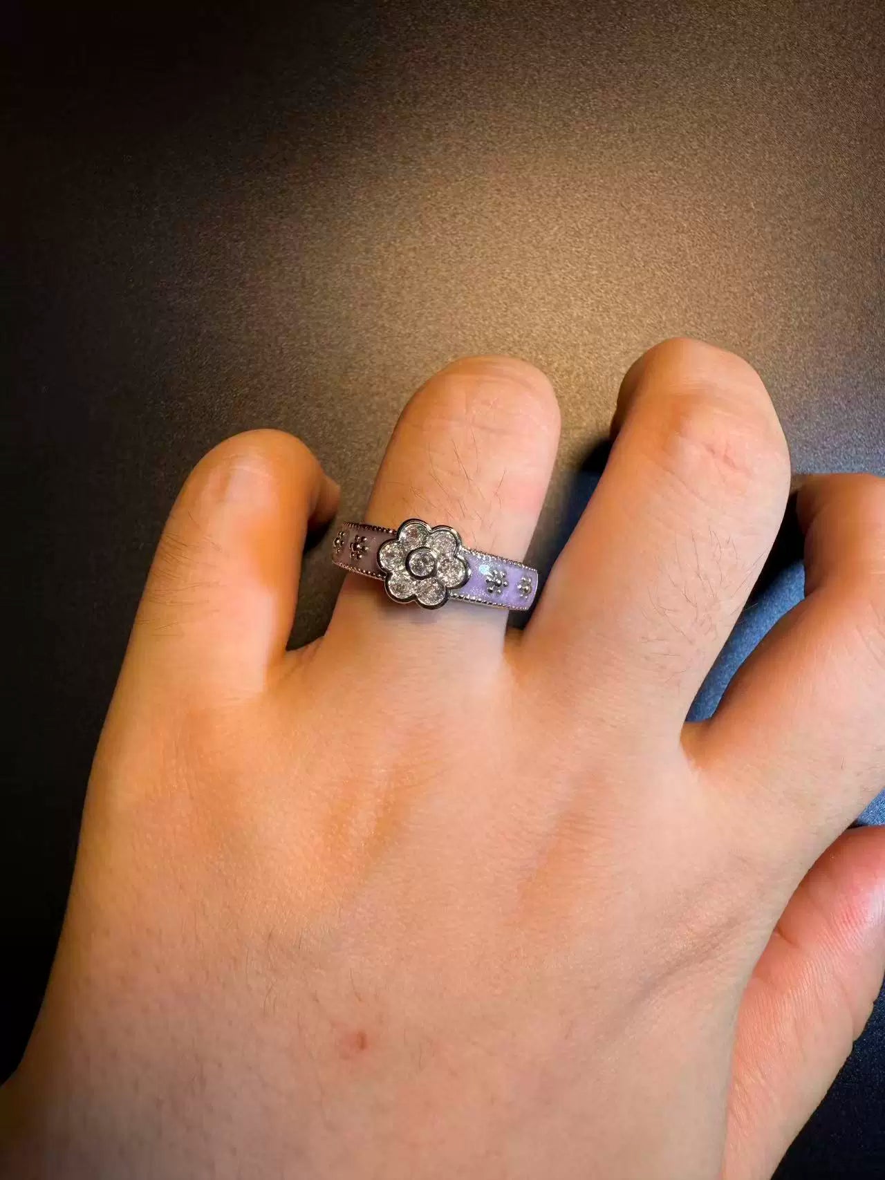 Vintage Style Purple Enamel Flower Ring - Adjustable Crystal Daisy Band