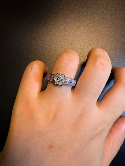 Vintage Style Purple Enamel Flower Ring - Adjustable Crystal Daisy Band