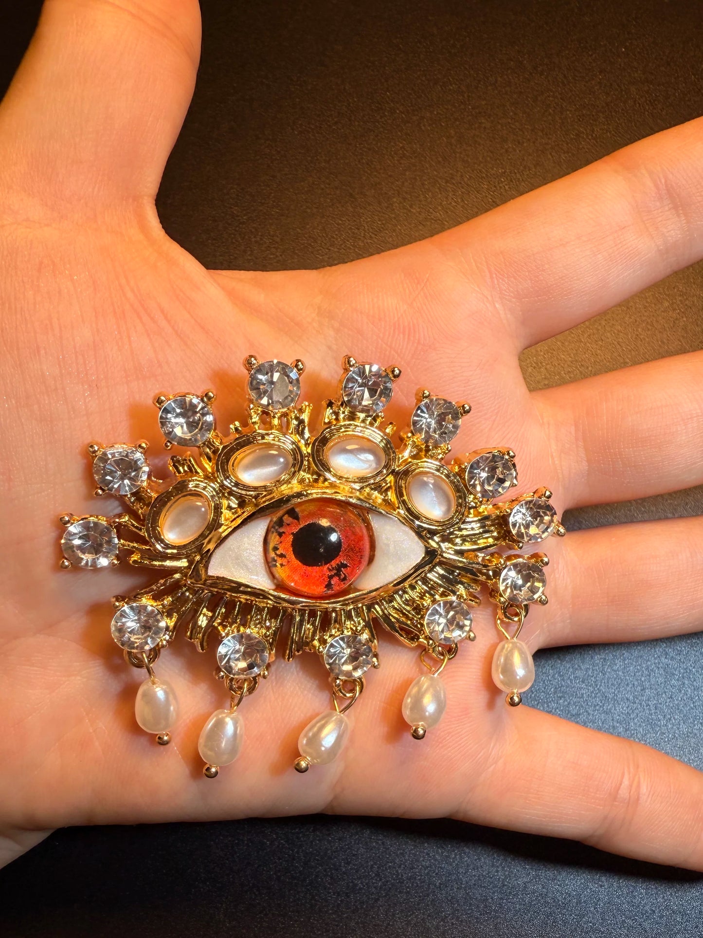 YYBB Jewelry Vintage Evil Eye Tassel Brooch Gold Tone Crystal Faux Pearl Statement Pin Bohemian Talisman Style