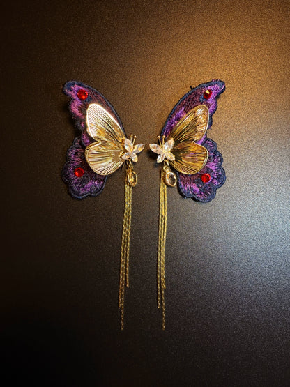 YYBB Jewelry Vintage Purple Butterfly Tassel Earrings with Gold Embroidery and Crystal Statement Boho Romantic Style