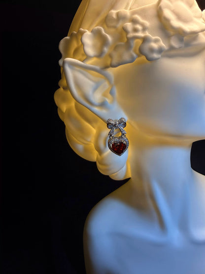 YYBB Jewelry Bow Heart Drop Earrings with Pave Crystal and Ruby-Red Gemstone Romantic Elegant Dangle Style