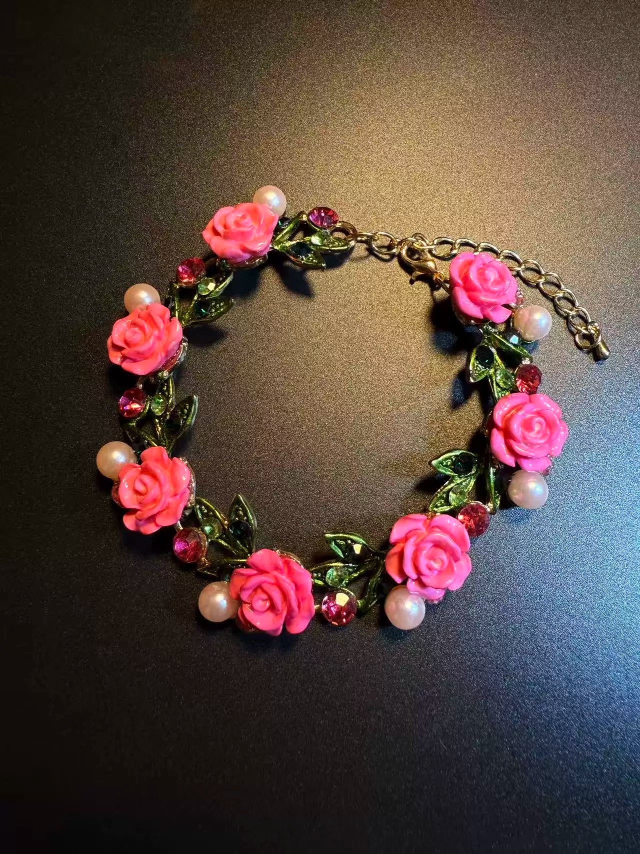 Vintage Style Pink Rose And Pearl Bracelet - Romantic Floral Crystal Jewelry