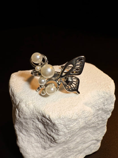 Vintage Style Pearl Butterfly Open Ring - Silver Tone Adjustable Jewelry