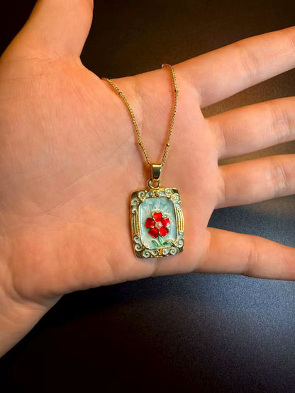 Vintage Style Blue Enamel Red Flower Necklace - Rectangular Picture Frame Pendant