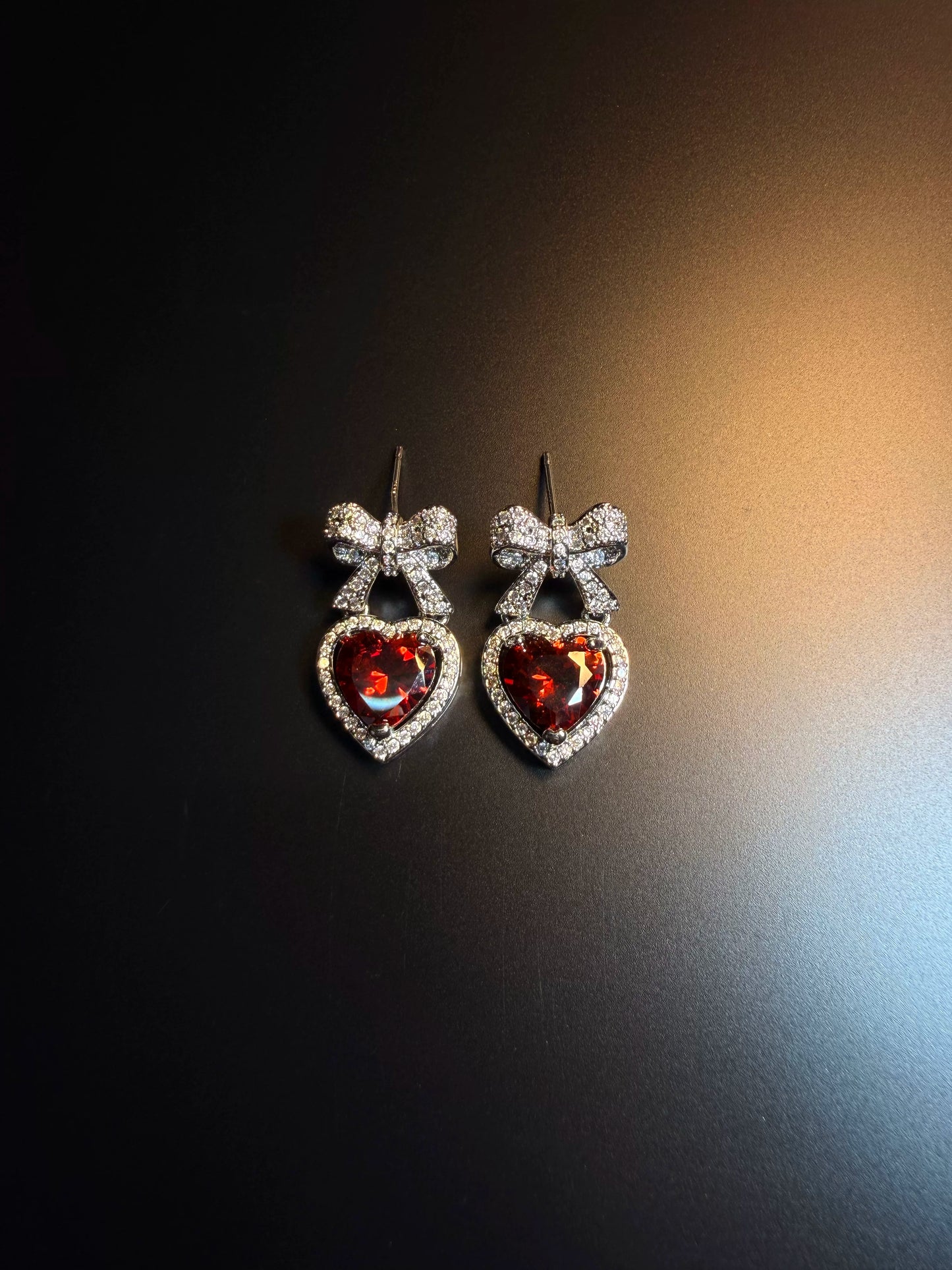 YYBB Jewelry Bow Heart Drop Earrings with Pave Crystal and Ruby-Red Gemstone Romantic Elegant Dangle Style