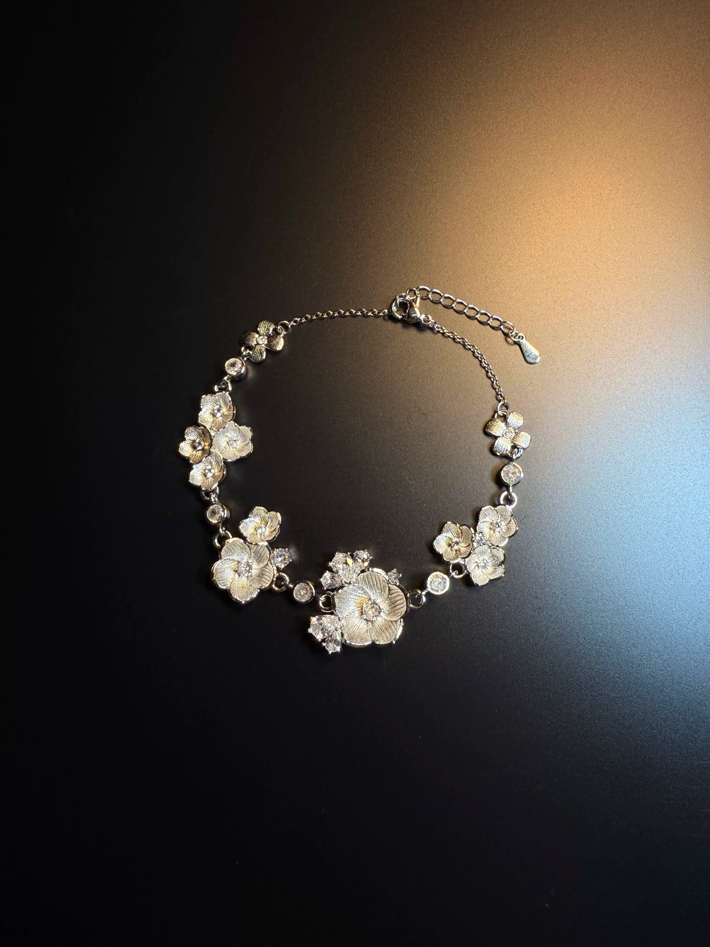YYBB Jewelry Vintage Silver Floral Crystal Camellia Vine Bracelet with Adjustable Clasp for Bridal and Evening Style