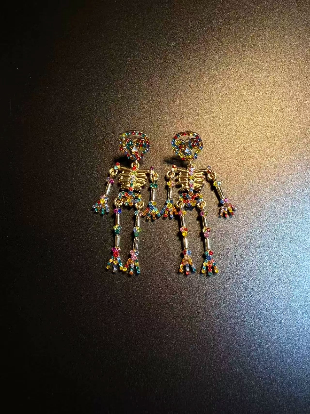 Articulated Rainbow Crystal Skeleton Earrings - Funky Gothic Statement Earrings