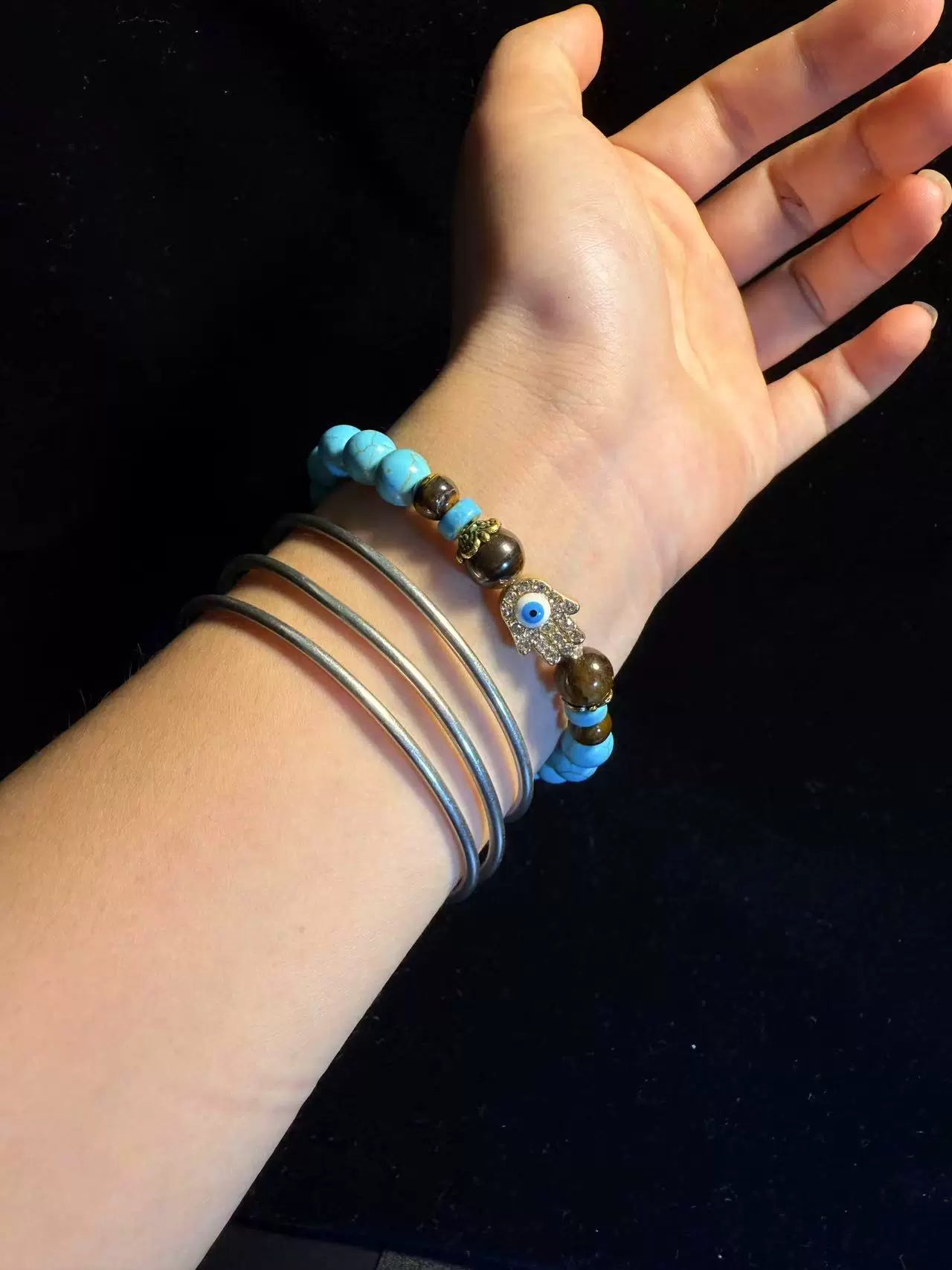 Vintage Style Turquoise And Tiger Eye Beaded Bracelet - Hamsa Hand Evil Eye Protection Jewelry