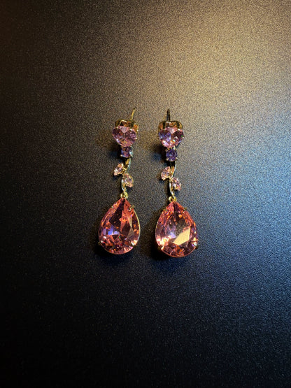 أقراط متدلية بكريستال وردي عتيق من YYBB Jewelry مع مسامير قلب، دلايات دمعة نباتية بلون ذهبي، وأسلوب بوهيمي فاخر