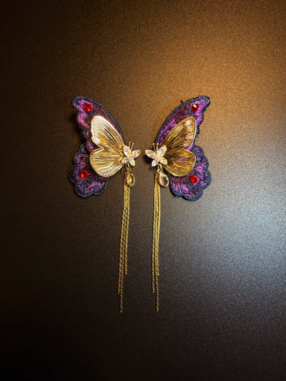 YYBB Jewelry Vintage Purple Butterfly Tassel Earrings with Gold Embroidery and Crystal Statement Boho Romantic Style