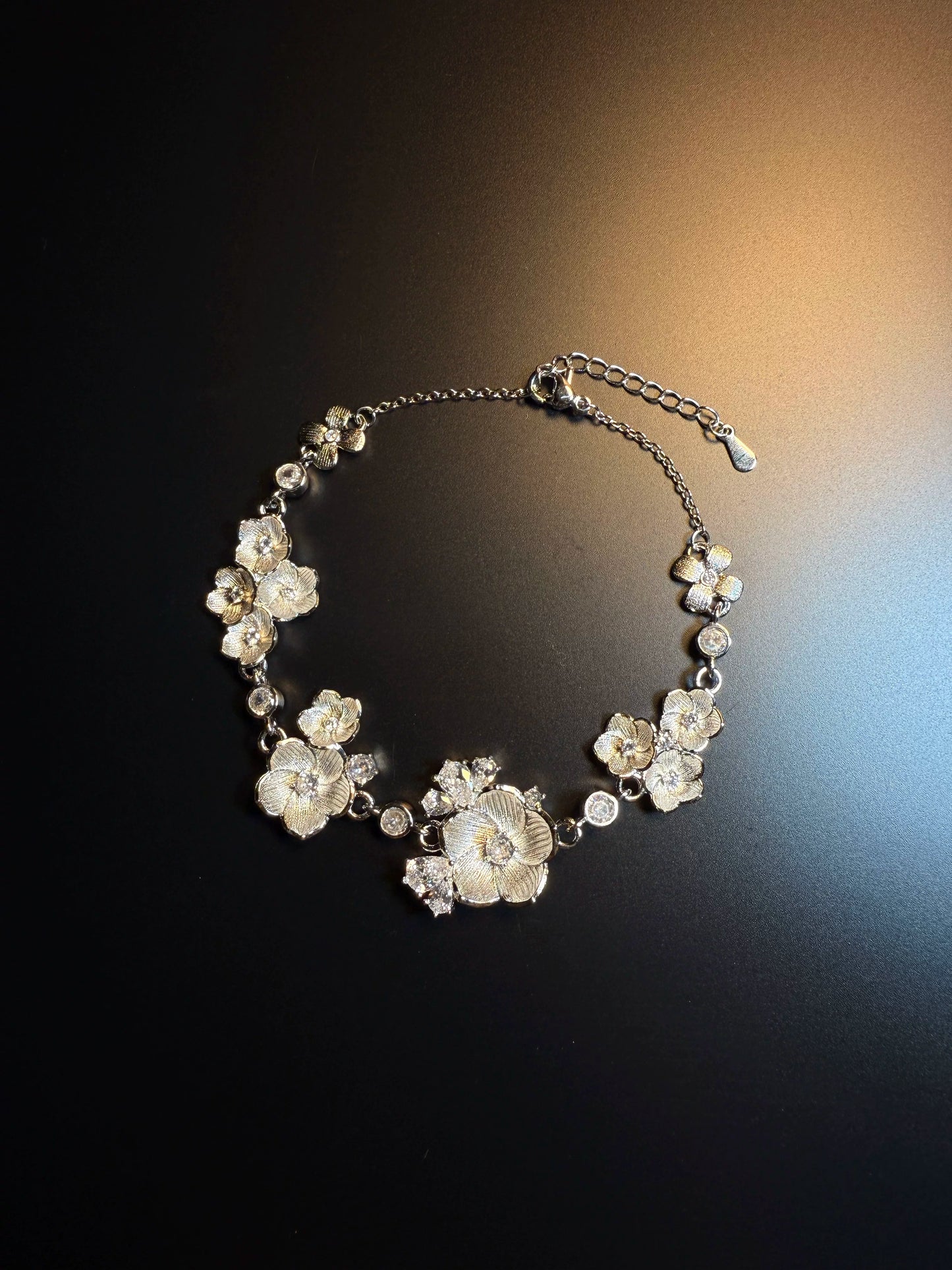 YYBB Jewelry Vintage Silver Floral Crystal Camellia Vine Bracelet with Adjustable Clasp for Bridal and Evening Style