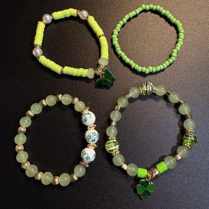 Vintage Style Green Clover Stackable Bracelet Set - Lucky Butterfly And Floral Beaded Jewelry