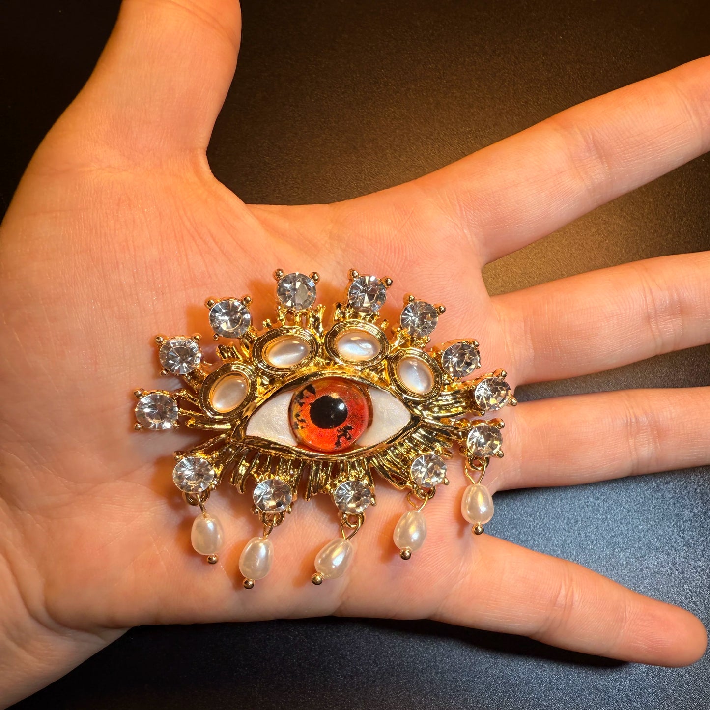 YYBB Jewelry Vintage Evil Eye Tassel Brooch Gold Tone Crystal Faux Pearl Statement Pin Bohemian Talisman Style