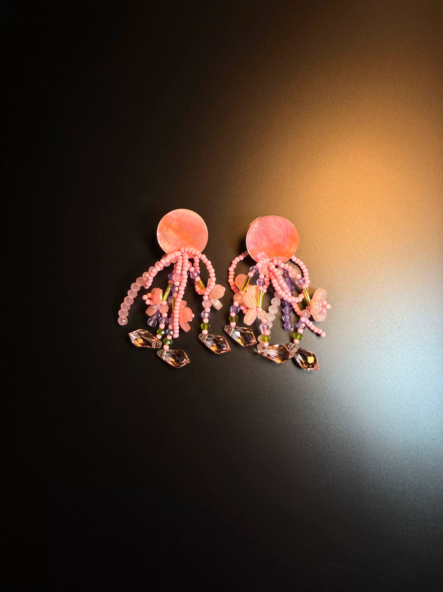YYBB Jewelry Vintage Dream Tassel Pink Flower Beaded Statement Earrings with Shell Disc Fringe, Romantic Boho Handmade Style