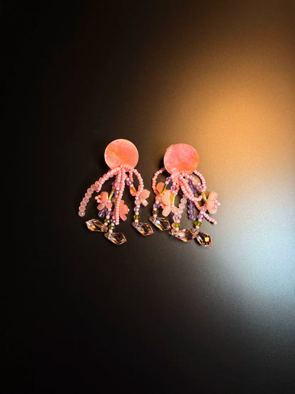 YYBB Jewelry Vintage Dream Tassel Pink Flower Beaded Statement Earrings with Shell Disc Fringe, Romantic Boho Handmade Style