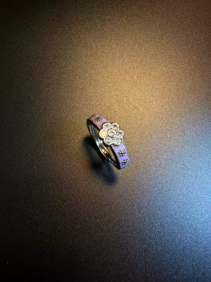 Vintage Style Purple Enamel Flower Ring - Adjustable Crystal Daisy Band