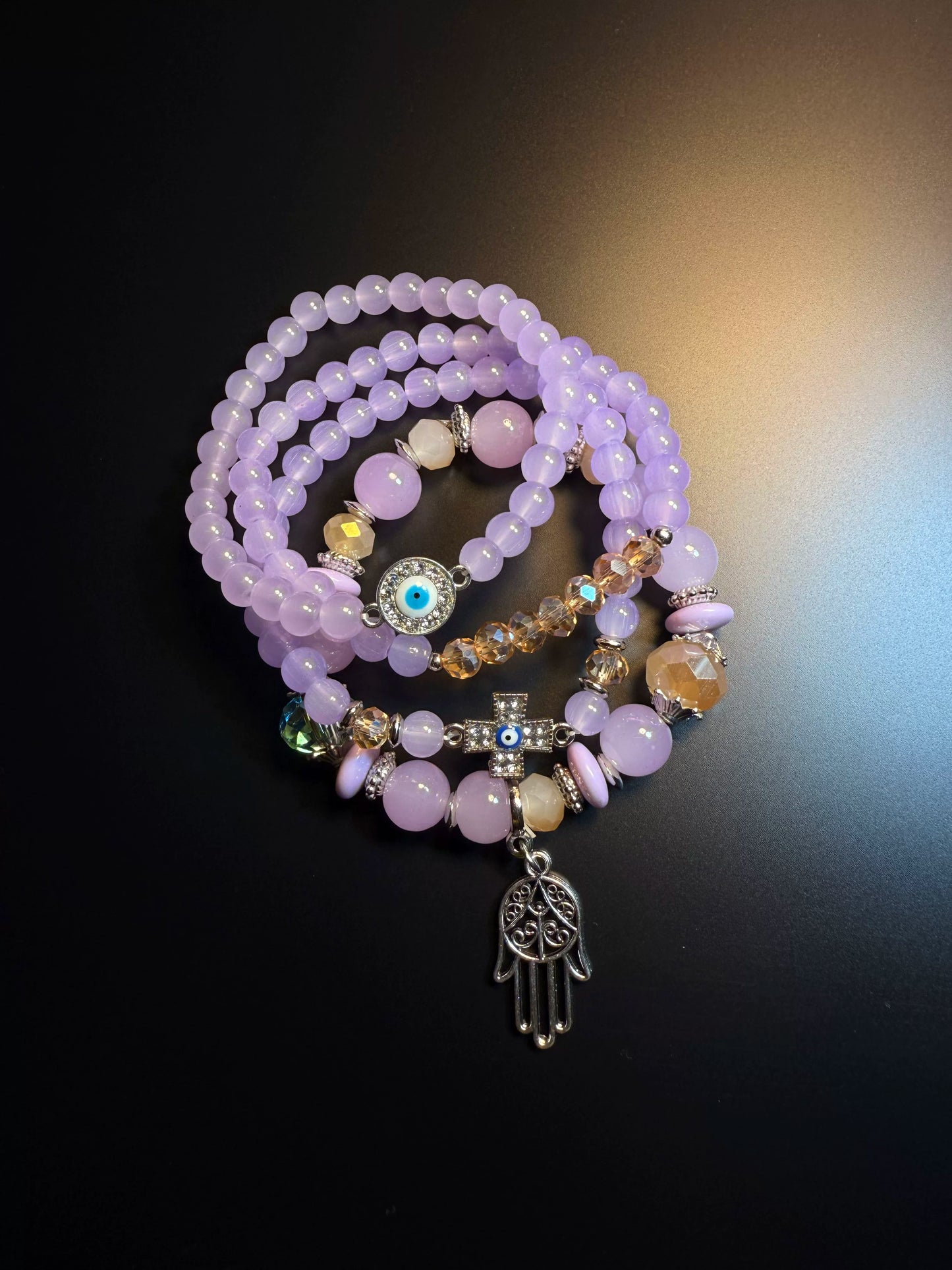YYBB Jewelry Lot de 4 bracelets en perles lilas avec breloques main Hamsa, œil protecteur et croix, style bohème spirituel