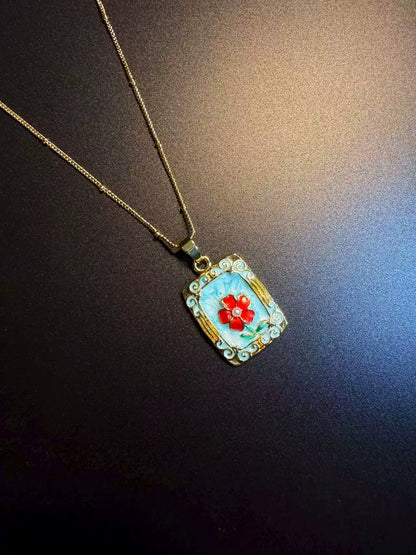 Vintage Style Blue Enamel Red Flower Necklace - Rectangular Picture Frame Pendant