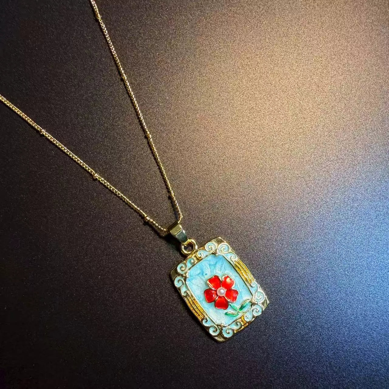 Vintage Style Blue Enamel Red Flower Necklace - Rectangular Picture Frame Pendant
