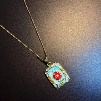 Vintage Style Blue Enamel Red Flower Necklace - Rectangular Picture Frame Pendant