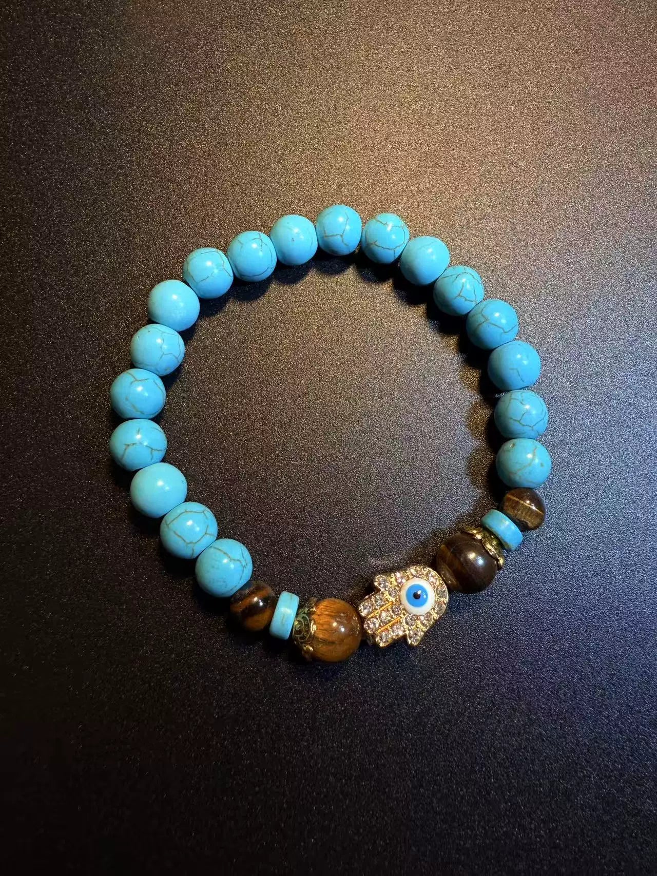 Vintage Style Turquoise And Tiger Eye Beaded Bracelet - Hamsa Hand Evil Eye Protection Jewelry