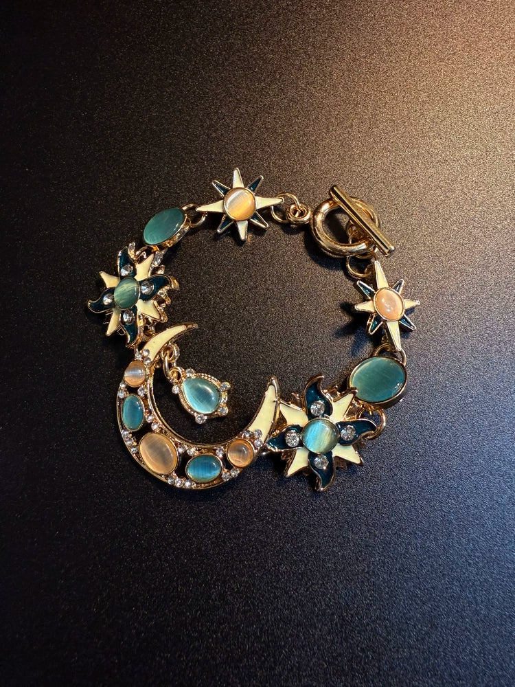 Vintage Style Sun And Moon Toggle Bracelet - Celestial Crystal And Enamel Jewelry