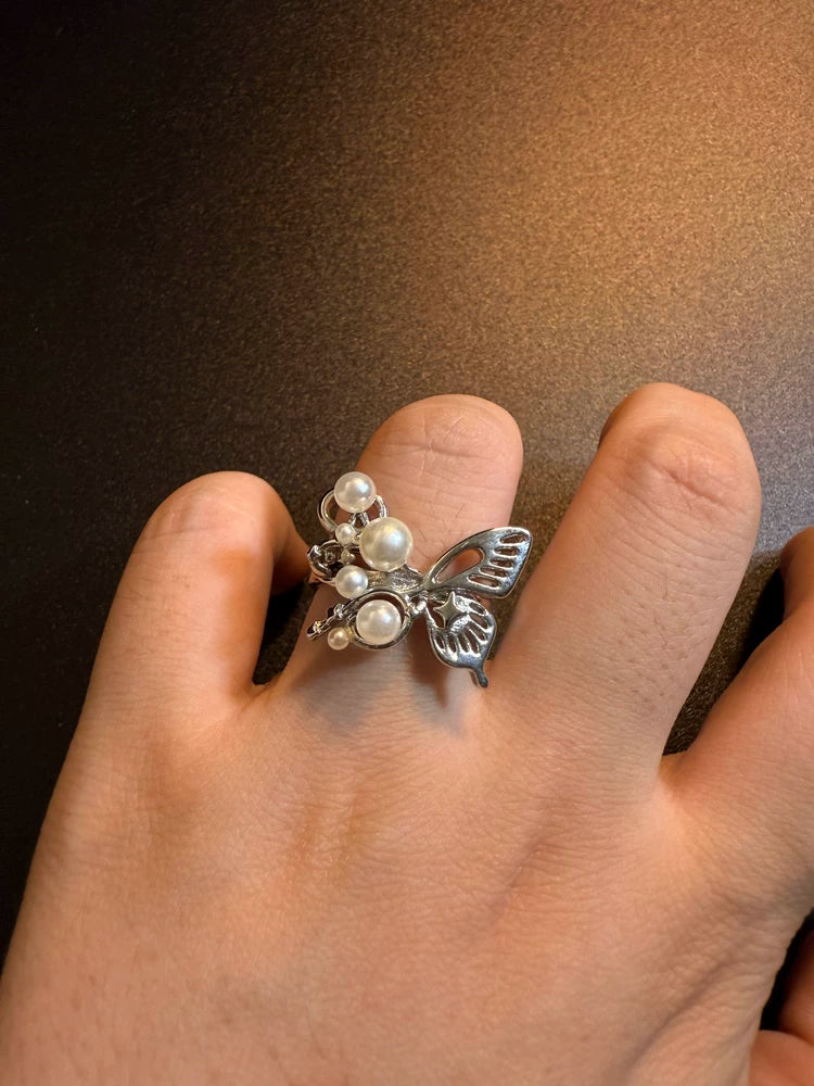 Vintage Style Pearl Butterfly Open Ring - Silver Tone Adjustable Jewelry