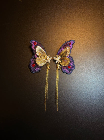 YYBB Jewelry Vintage Purple Butterfly Tassel Earrings with Gold Embroidery and Crystal Statement Boho Romantic Style