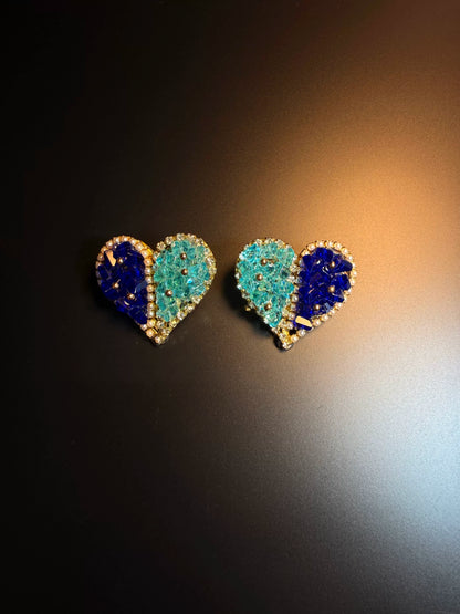YYBB Jewelry Vintage Dual-Tone Blue Crystal Heart Stud Earrings with Pearl Trim, Gold Statement Glam Jewelry