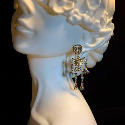 Articulated Rainbow Crystal Skeleton Earrings - Funky Gothic Statement Earrings