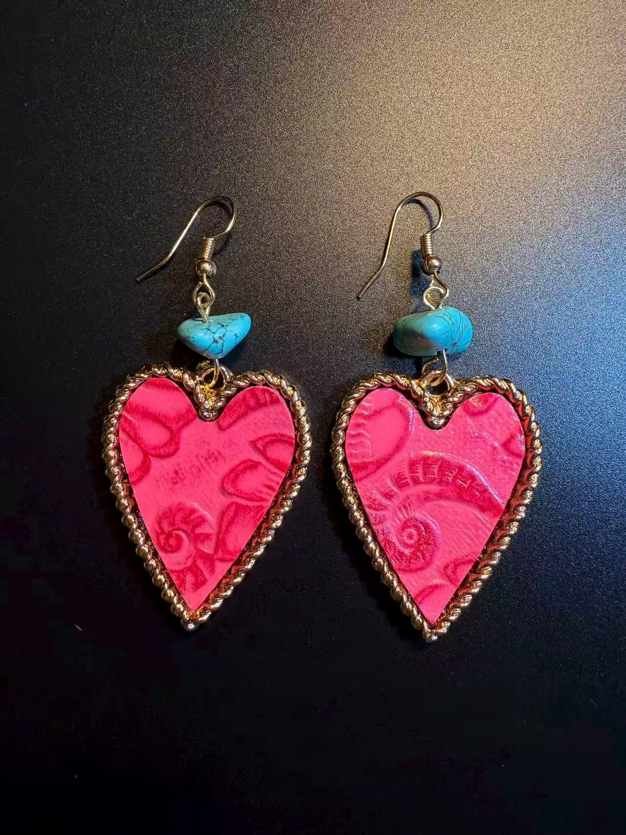 Vintage Style Hot Pink Heart Earrings - Boho Turquoise And Gold Drop Jewelry