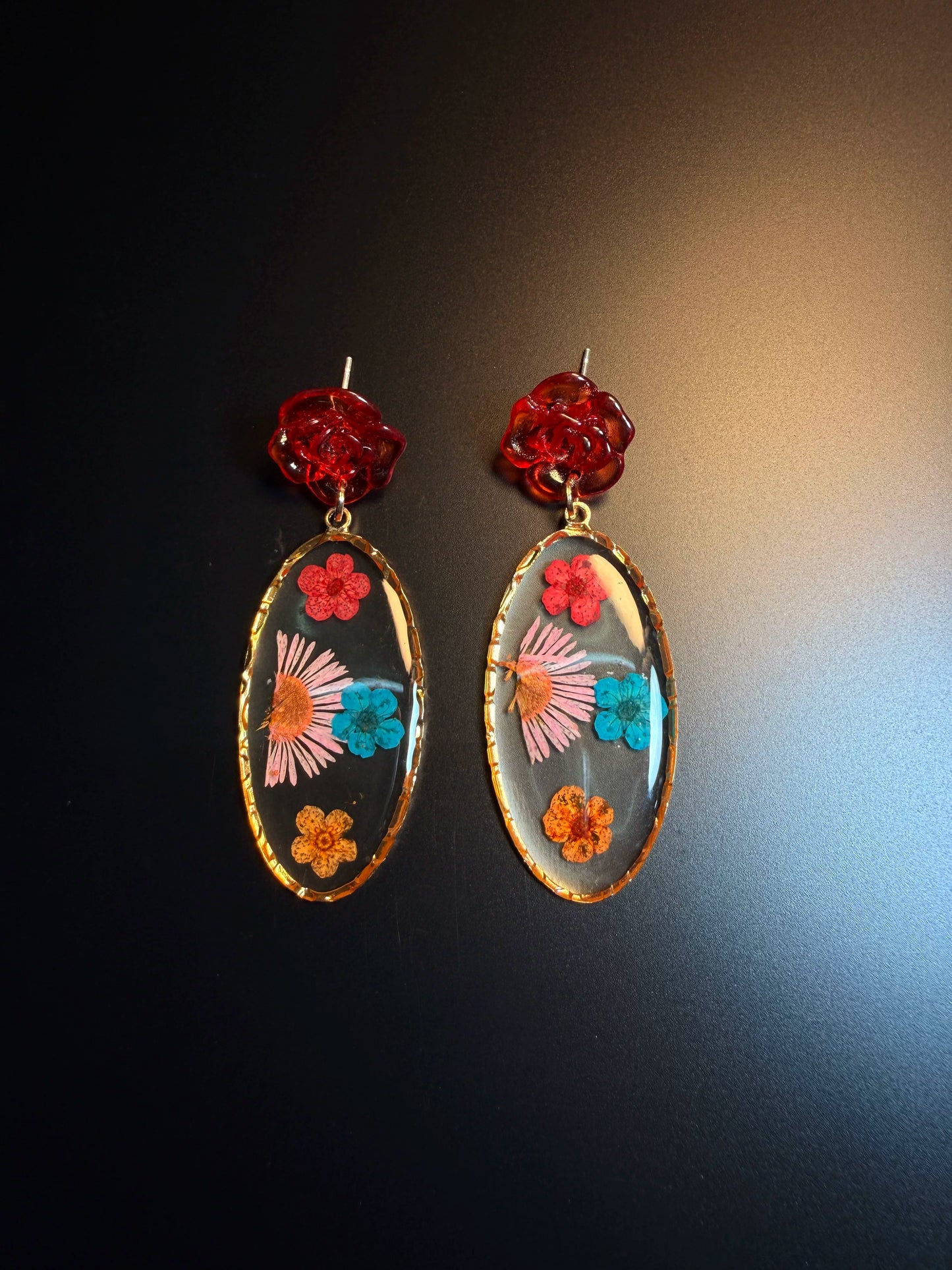 YYBB Jewelry ヴィンテージ 押し花ドロップピアス レッドローズスタッド 樹脂 ドライフラワー ボヘミアン コテージコア ステートメントジュエリー