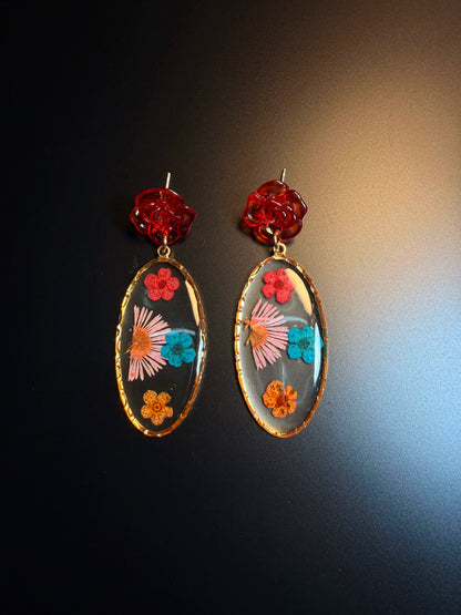 YYBB Jewelry ヴィンテージ 押し花ドロップピアス レッドローズスタッド 樹脂 ドライフラワー ボヘミアン コテージコア ステートメントジュエリー