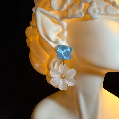Vintage Style Blue Water Ripple And Frosted White Flower Drop Earrings