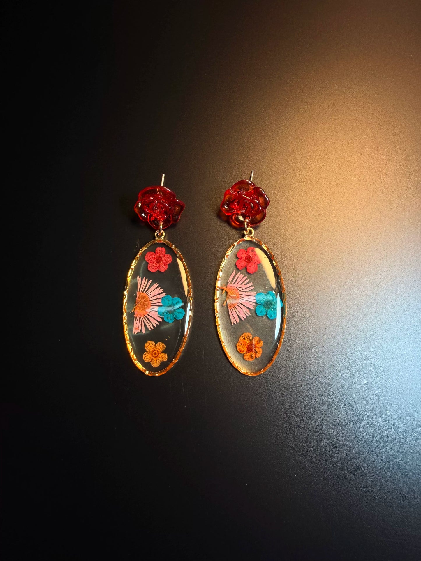 YYBB Jewelry ヴィンテージ 押し花ドロップピアス レッドローズスタッド 樹脂 ドライフラワー ボヘミアン コテージコア ステートメントジュエリー