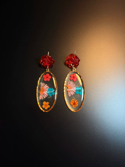 YYBB Jewelry ヴィンテージ 押し花ドロップピアス レッドローズスタッド 樹脂 ドライフラワー ボヘミアン コテージコア ステートメントジュエリー