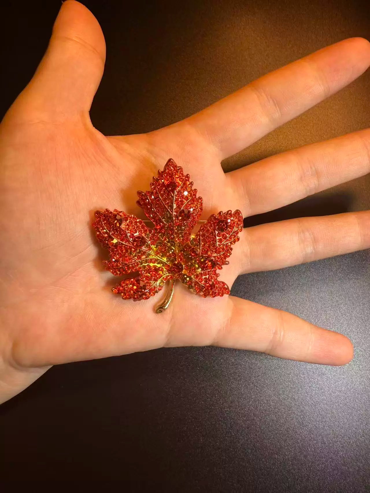 Vintage Style Sparkling Red Maple Leaf Brooch - Rhinestone Autumn Pin