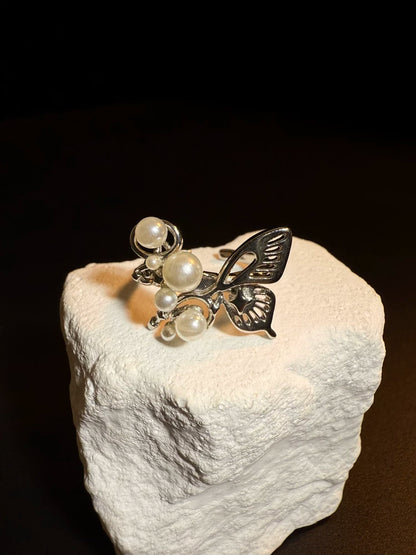 Vintage Style Pearl Butterfly Open Ring - Silver Tone Adjustable Jewelry