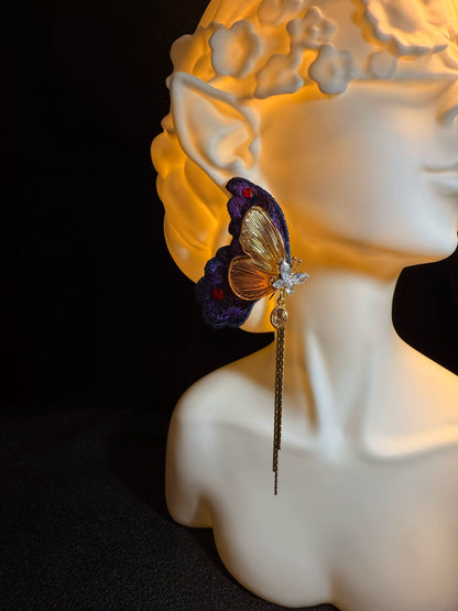 YYBB Jewelry Vintage Purple Butterfly Tassel Earrings with Gold Embroidery and Crystal Statement Boho Romantic Style