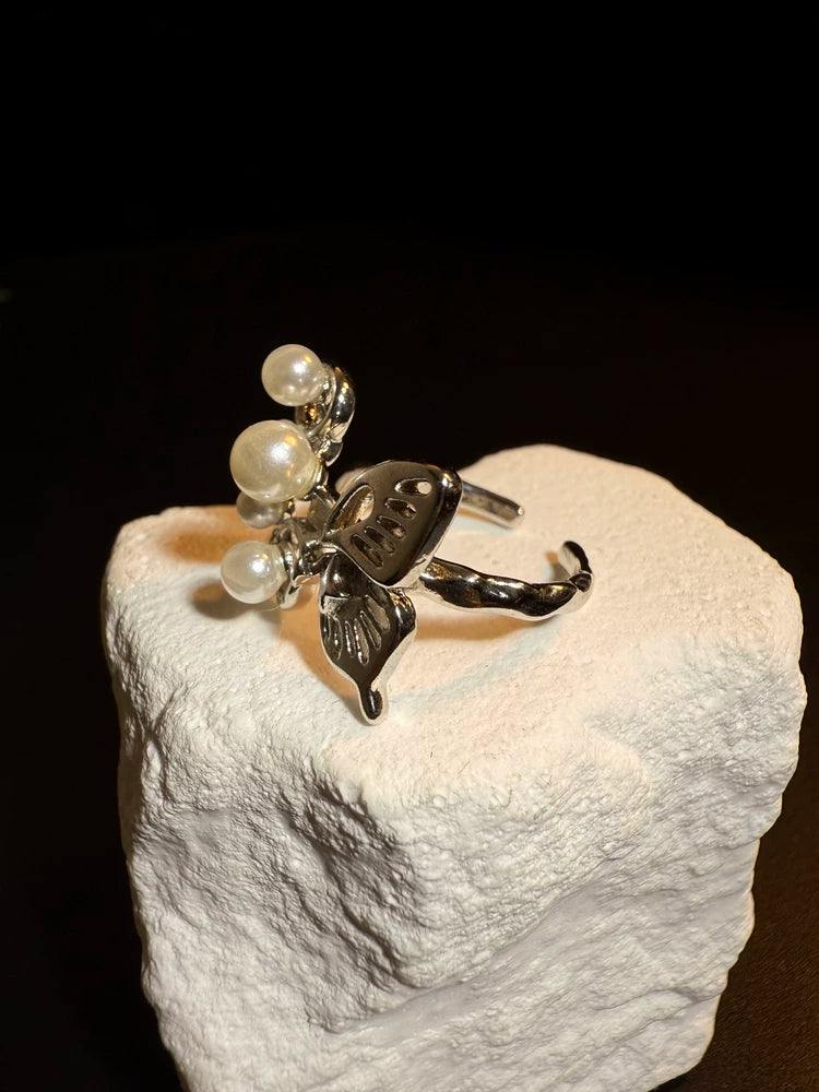 Vintage Style Pearl Butterfly Open Ring - Silver Tone Adjustable Jewelry