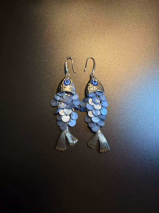 Vintage Style Blue Goldfish Drop Earrings - Handmade Articulated Koi Fish Jewelry